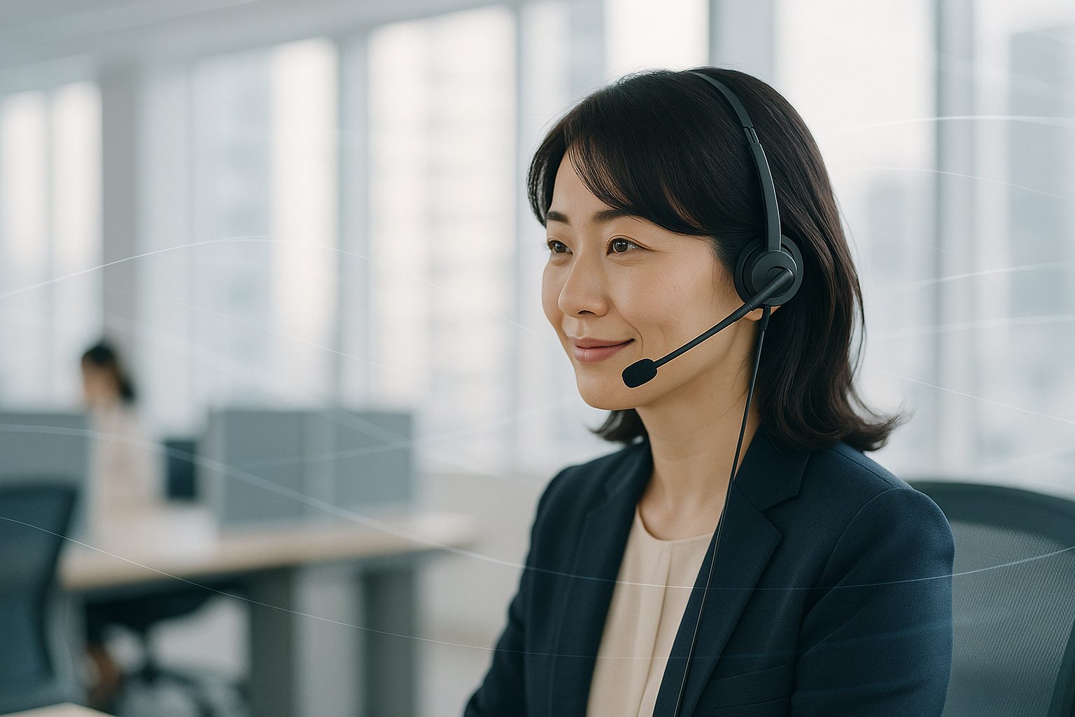 An operator with a headset listening calmly in a bright office